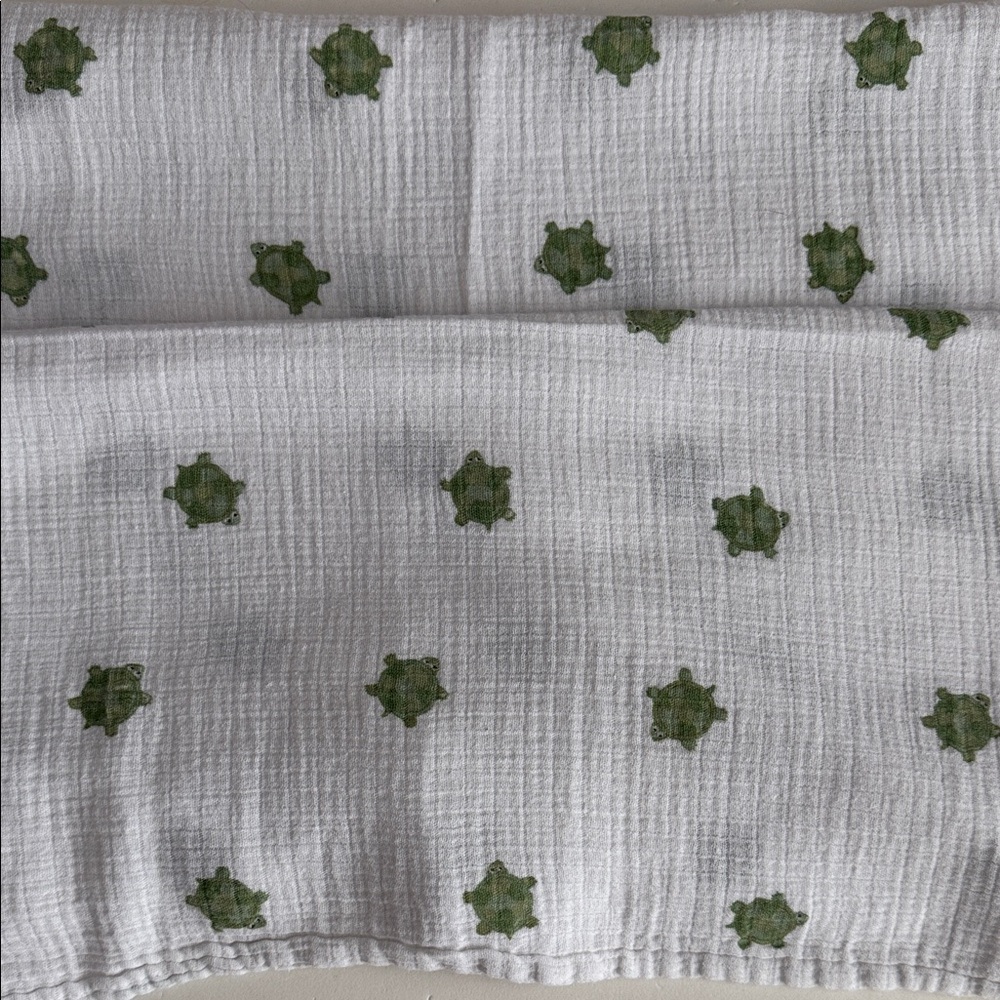 Aden + Anais White Muslin Swaddle Blanket w/ Green Turtle Print